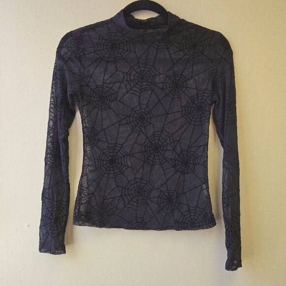 Black Spiderweb Mesh Mock Neck Long Sleeve Top Sheer Goth Halloween Costume XS - Picture 1 of 7